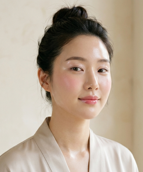 Ultra-high-definition beauty photograph of a young East Asian woman with a flawlessly translucent, dewy K-beauty glass skin complexion. The mirror-like, luminous glow is focused on her cheeks and forehead. She has a minimalist hair bun, no-makeup look, and clear glossy lips against a soft, blurred window background.
